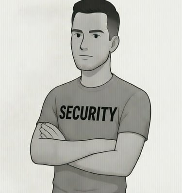 male with arm crossed and security on t-shirt