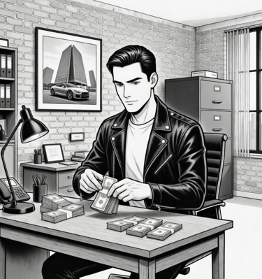 cartoon male counting money at desk in office