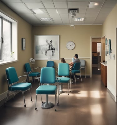 A dental professional is wearing a mask and a blue surgical cap adorned with dental-themed prints. She is looking back towards the camera in a dental clinic setting. Another person in a white uniform is seated in the background near dental equipment. The room is bright and clean, featuring dental chairs and tools.