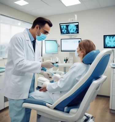 A dentist and a patient are in a dental office. The dentist, wearing scrubs, is pointing at a laptop on a mobile dental unit. The patient, seated in the dental chair, is looking at the screen with a smile. The room contains dental equipment and art featuring teeth on the wall.