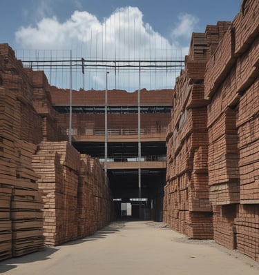 A person stands in an industrial or storage area, surrounded by building materials including wooden pallets, bricks, and a traffic cone. There is a shopping cart nearby and stacks of various construction materials like tiles and sacks are visible in the background.