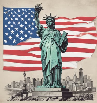 a statue of liberty in front of a flag