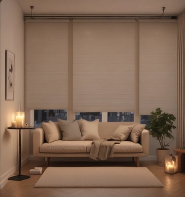 A beautiful display of roller blinds in various colors.