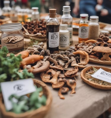 Hand holding a glass jar filled with herbal tinctures on a wooden table.
