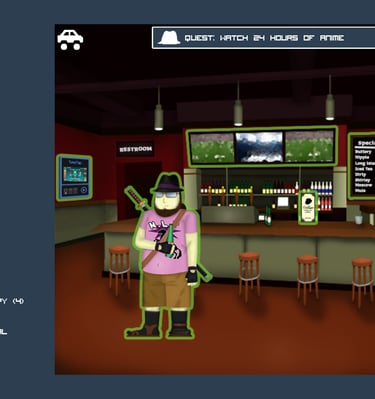 Screenshot from Fedorable Life showing the player visiting a local bar during a social event.