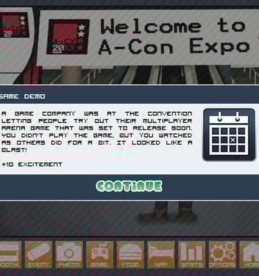 Fedorable Life's main character enjoying a game kiosk at an anime convention.