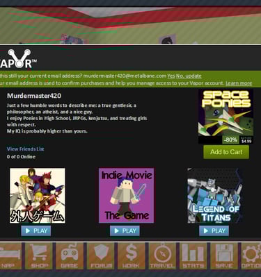 Fedorable Life screenshot of the gaming screen popup called Vapor Games