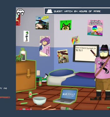 Gameplay screenshot from Fedorable Life, a comedy neckbeard simulator showing the player's bedroom.