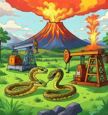 3 snakes are in the foreground of a scene with erupting volcano and oil derricks
