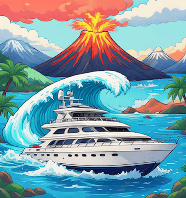 A luxury yacht is being overwhelmed by a tsunami wave created when a volcano erupts.