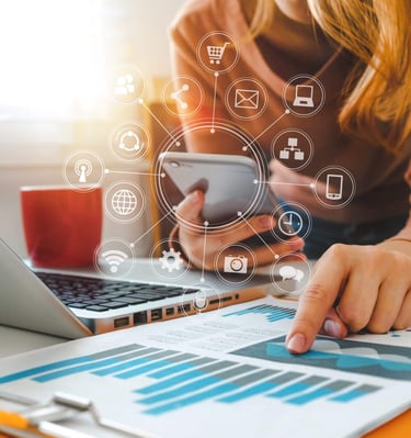 A computer screen displays a graphic design software with a brand identity project open, featuring m