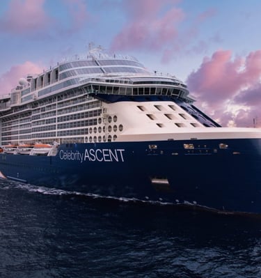 a cruise ship with a large cruise ship in the background