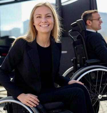 a woman in a wheelchair with a man in a wheelchair