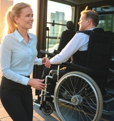 a woman in a wheelchair is shaking hands with a man in a wheelchair