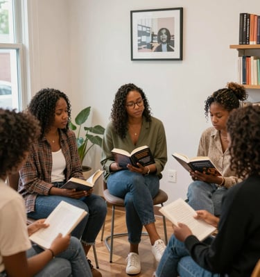 A family gathered around a table sharing stories.