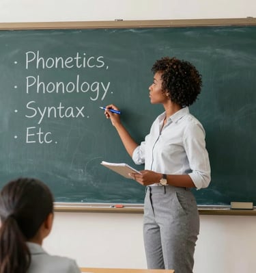 A teacher guiding students in a classroom setting.