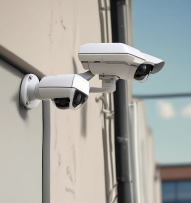 Surveillance monitors displaying multiple camera feeds in a control room.