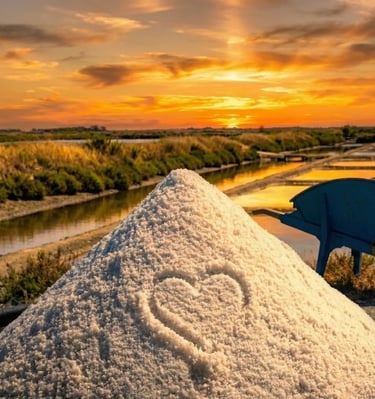 Cœur dessiné à la main dans un tas de fleur de sel de Guérande, symbolisant l'amour et l'action solidaire