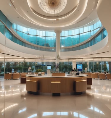 A multi-story building with various business signs and advertisements, including healthcare-related establishments like dental and surgical clinics. The structure has a modern facade with windows and air conditioning units. Parked cars and a motorcycle, as well as a cyclist, are visible on the street. The sky is clear with a few clouds.