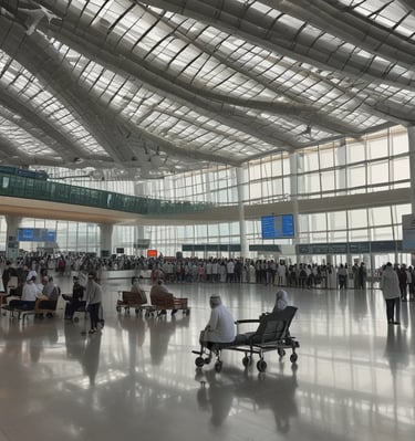 A spacious airport terminal corridor featuring a high, curved ceiling with large windows for natural light. Signs for international departures, immigration, and health services are prominently displayed. People are seen walking and pulling luggage, and a coffee shop is located to the left. The area has a modern design with patterned flooring.