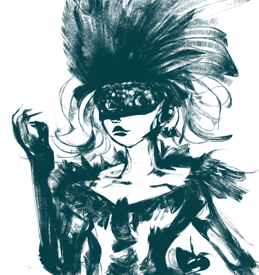 a woman in a feathered hat and a mask