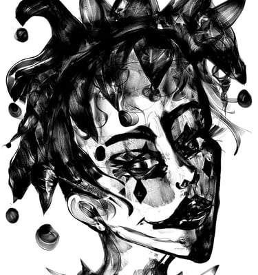 a black and white drawing of a woman's face