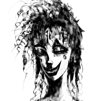 a black and white drawing of a woman with curly hair