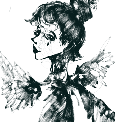 a drawing of a woman with  bird wings on her shoulder