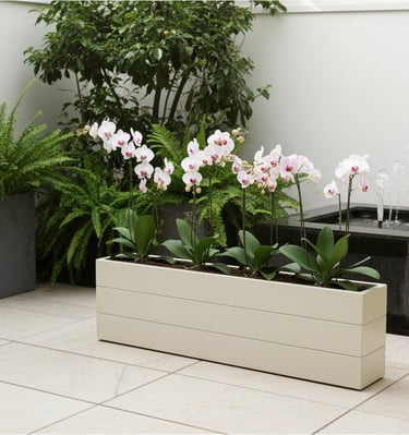 elegant outdoor wooden planter painted in grey blue with patio tree made from wood 