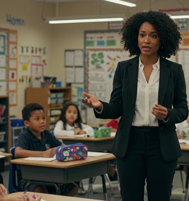 a woman in a suit and tie is standing in front of a classroom