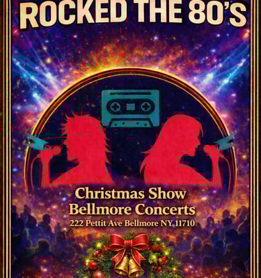 Poster for Ladies Who Rocked the 80s Christmas Show at Bellmore Concerts featuring female rock silhouettes.