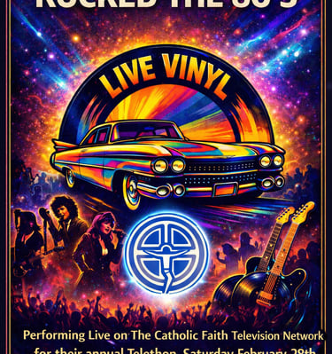 Retro poster for Ladies Who Rocked the 80s concert featuring a colorful classic car and neon galaxy background.