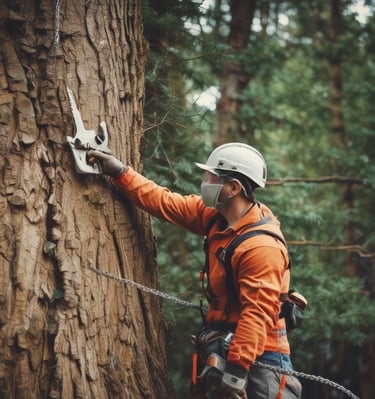 Several tree stumps are situated in a grassy area, surrounded by dense foliage. The stumps vary in size and are located among lush green grass with some fallen leaves scattered around. Overhanging branches with green and yellowing leaves add to the natural setting.