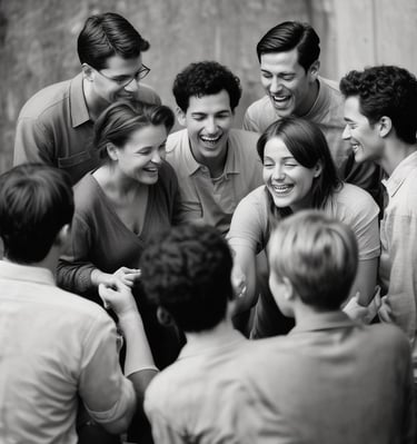 A bustling airport terminal with a diverse crowd of travelers, some seated and others standing. An airplane is visible through the large windows in the background. People appear to be waiting with luggage, some using their phones, while others are engaged in conversation. The lighting is dim, giving the scene a subdued atmosphere.