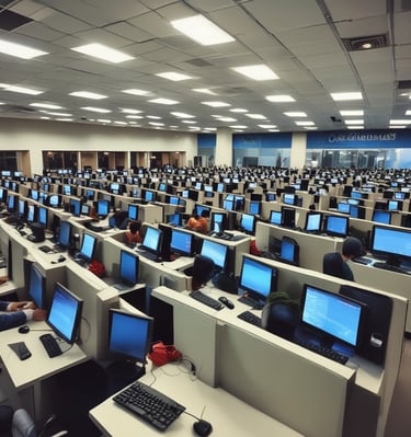 A busy airport terminal with passengers walking and standing near check-in counters. The interior features high, curved ceilings and prominent signage for departures and security. Several carry-on suitcases and travel bags are visible.