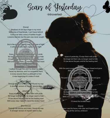 Lyric art of 'Scars of Yesterday' with broken glass & a sad woman’s silhouette.