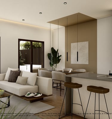 a living room with a couch and a kitchen