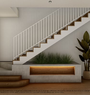 a living room with a staircase and a planter