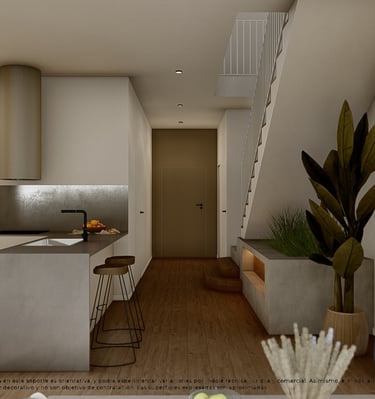 a kitchen with a table and chairs and a potted plant