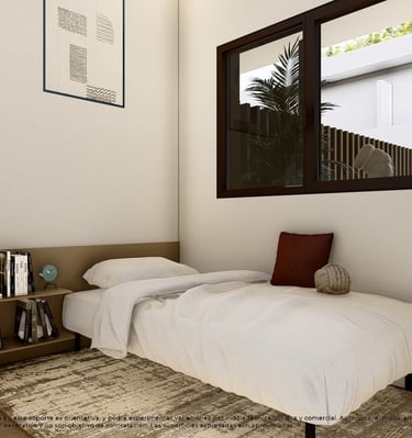 a bedroom with a bed and a mirror