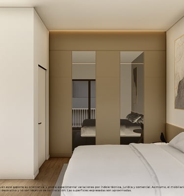 a bedroom with a bed and a mirror