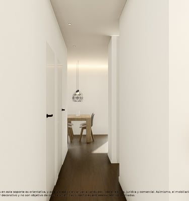 a hallway with a table and chairs and a vase with a vase on it
