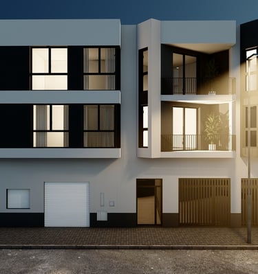 a building with a large window and a street light