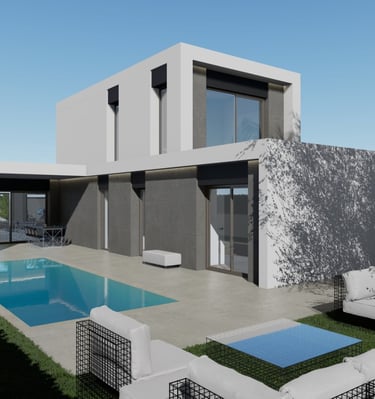a modern house with a pool and a lounge area