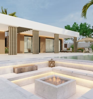 a modern home with a pool and a fire pit