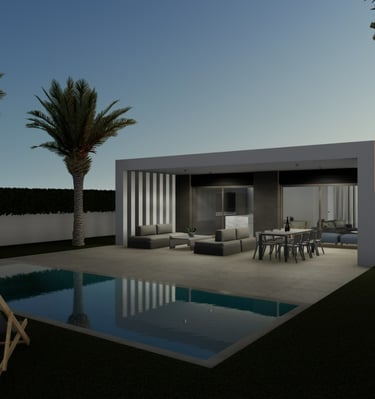 a house with a pool and palm trees