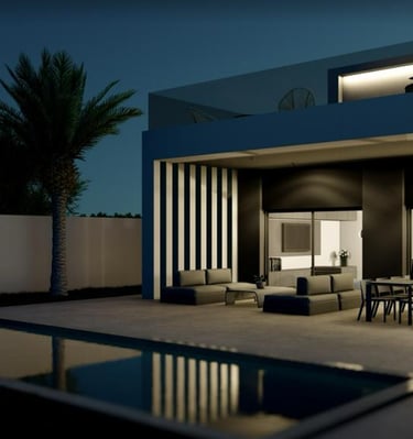 a patio with a pool and a lounge area