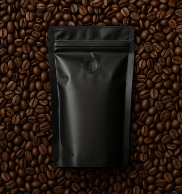 Matte black coffee bag centered on a background of roasted coffee beans in rich brown tones, viewed 