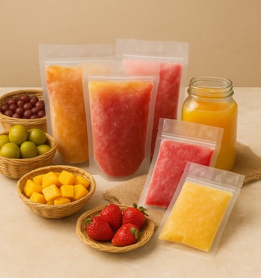 Assorted frozen fruit pulp bags and a glass jar of juice surrounded by fresh limes, grapes, mango cu