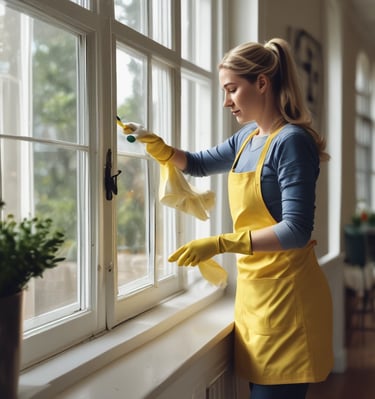 a cleaning lady cleans a window wearing yellow gloves and a yellow apron
